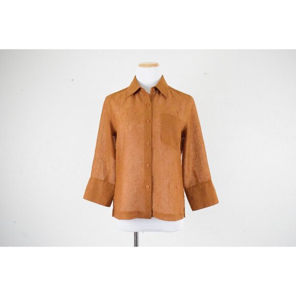 Vintage 90s Tawny Brown Crinkle Polyester  Sheer Blouse size S - Picture 3 of 8